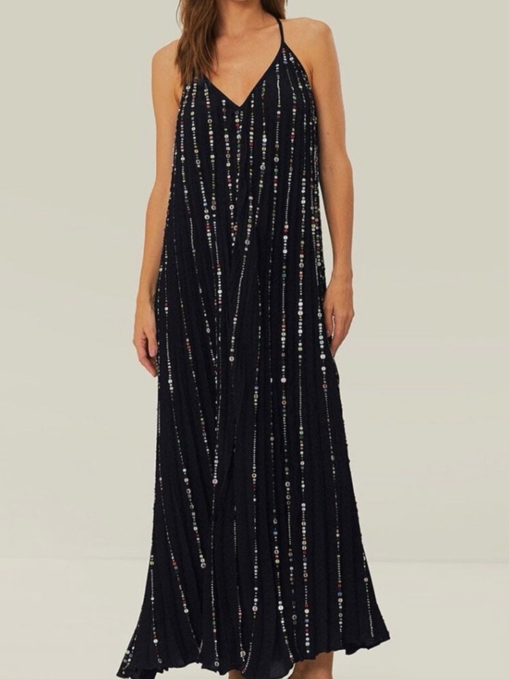 NEW FARM RIO Black Beaded Pleated Maxi Dress NWT XXS
